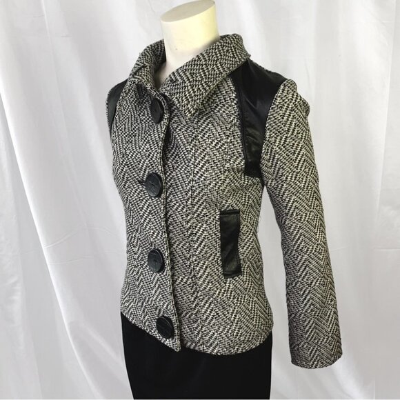 SICILY CLOTHING CO. WOOL COAT BLACK AND WHITE WINTER JACKET LEATHER TRIM SIZE XS - Picture 10 of 13